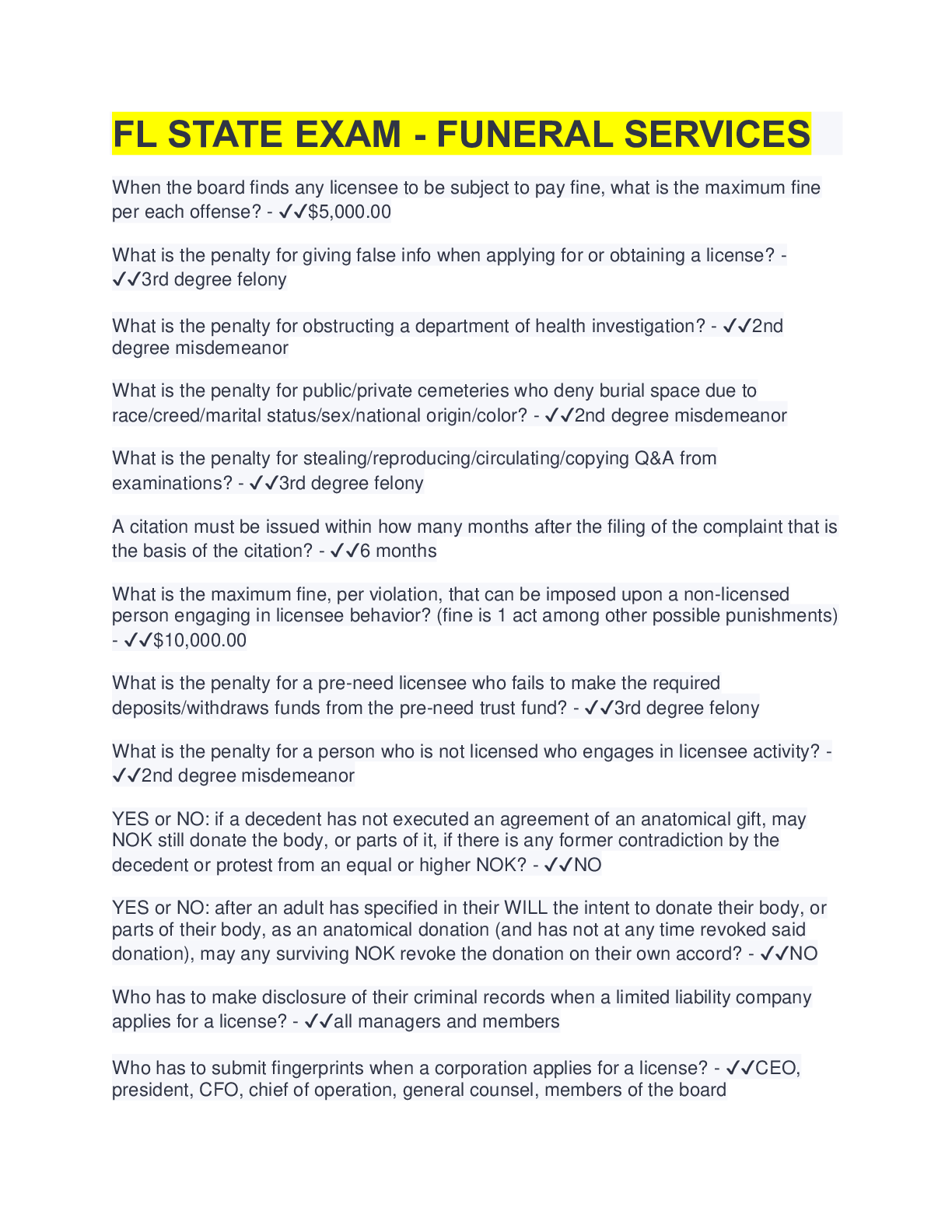 Preview image for Florida STATE EXAM - FUNERAL SERVICES | 100 Questions with 100% Correct Answers